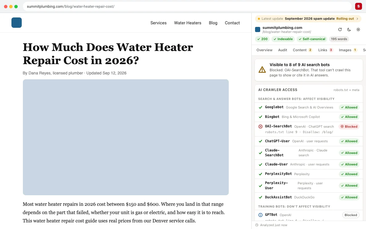 AI crawler checker showing which bots can access the page
